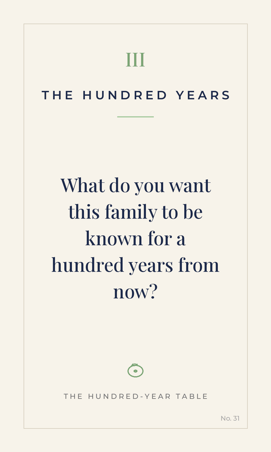Card 31 — The Hundred Years: What do you want this family to be known for a hundred years from now?