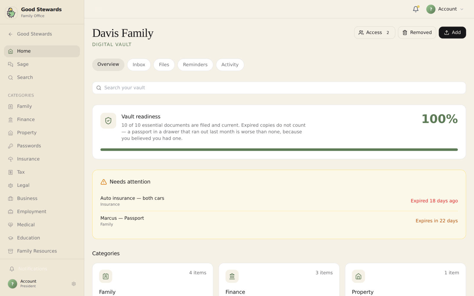 The Good Stewards Digital Vault: a family's readiness score, expiring-document alerts, and documents filed by category.