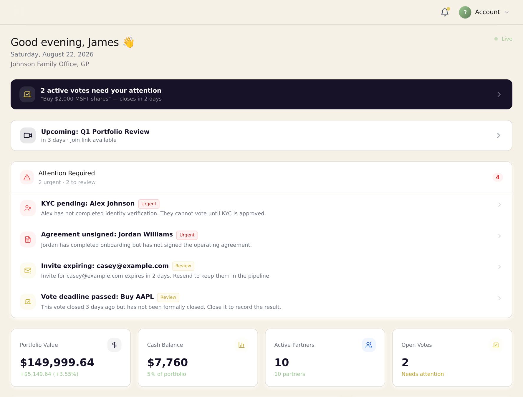 The Good Stewards dashboard: portfolio value, cash balance, active partners, open votes, and a family-office activation checklist showing 8 of 12 steps complete.