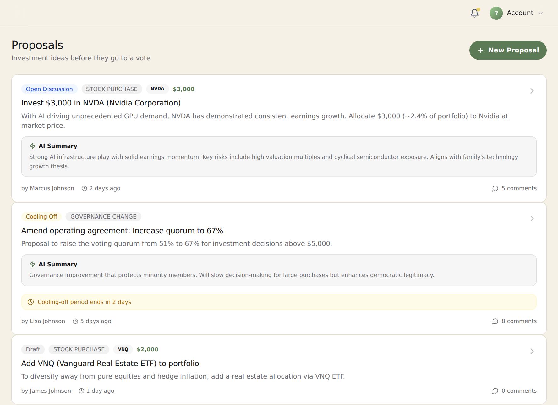 The proposals screen: investment ideas in open discussion and cooling-off, each with an AI summary of the case and the risks.